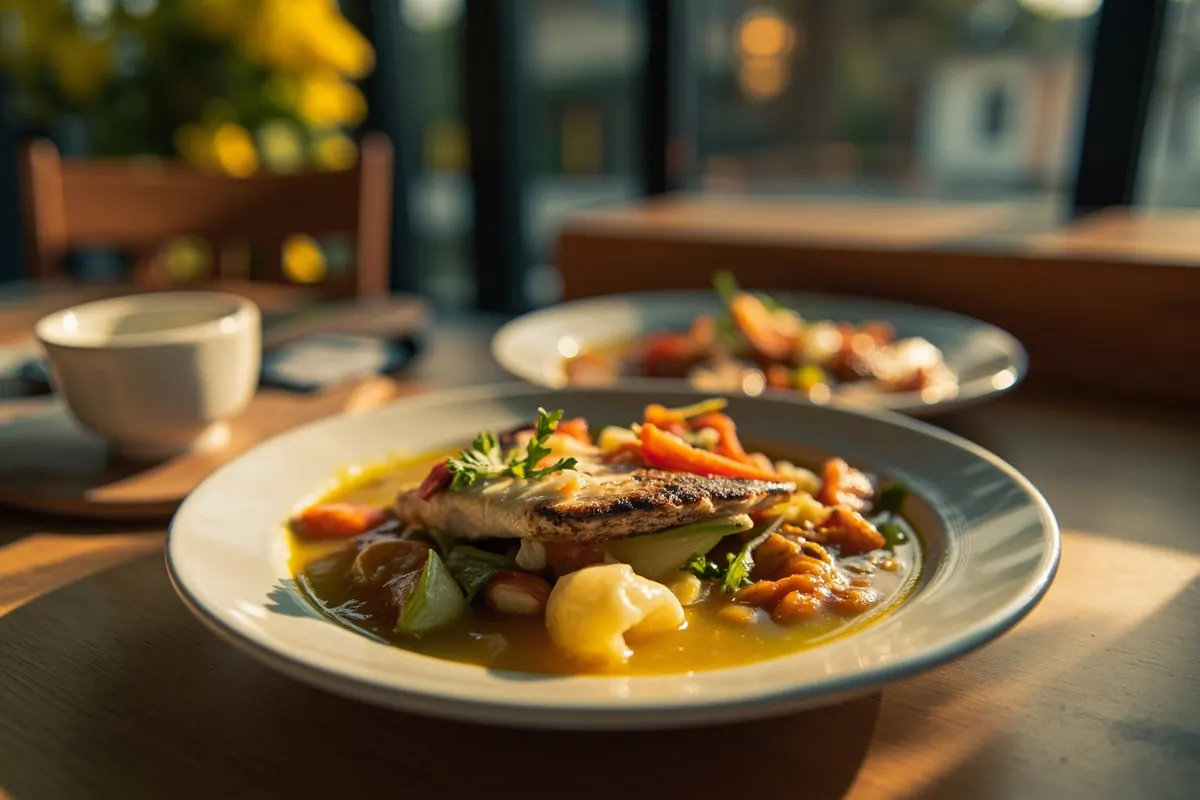 Mesa con una cena ligera a base de verduras y pescado a la plancha