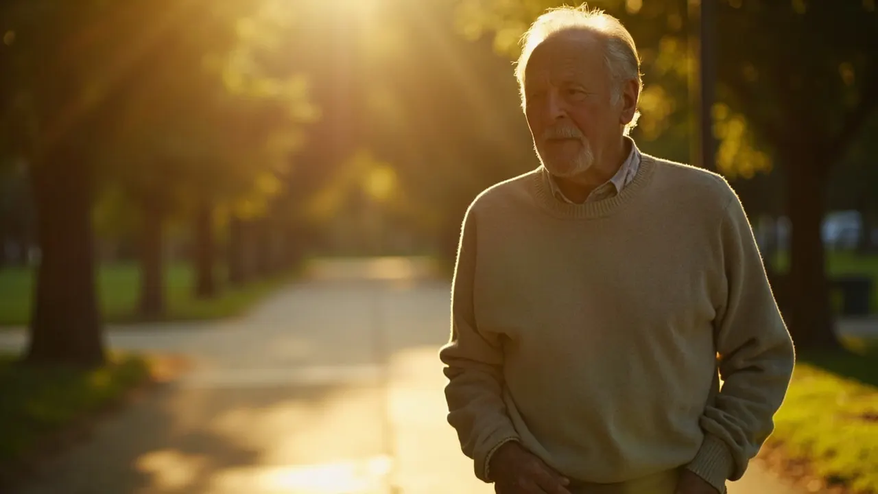Hombre mayor caminando por un parque soleado durante su rehabilitación cardiaca.