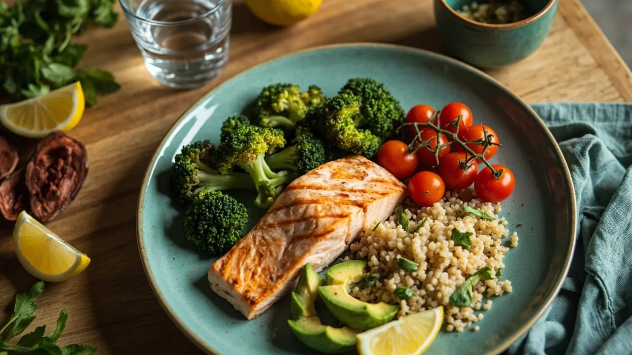 Comida saludable vista desde arriba, con salmón, brócoli, quinoa y aguacate, sobre una mesa con un paño turquesa.