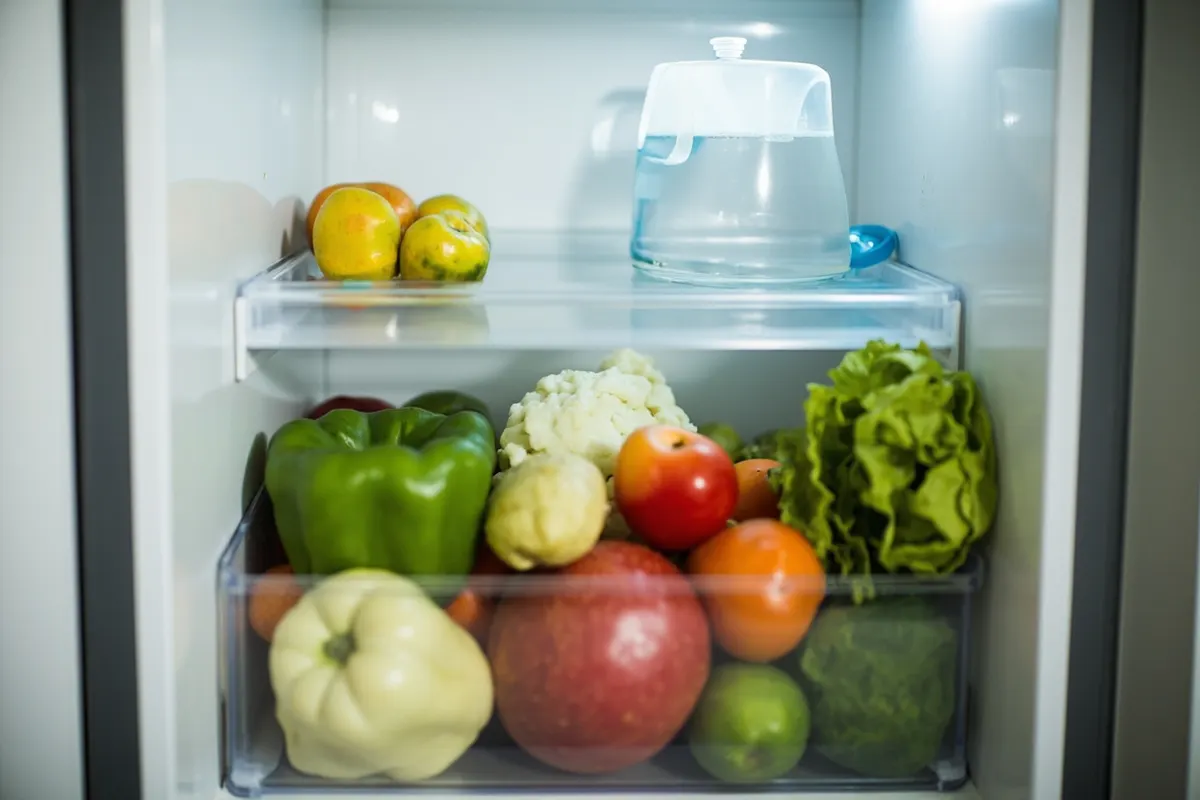 Interior de una nevera con verduras y frutas frescas