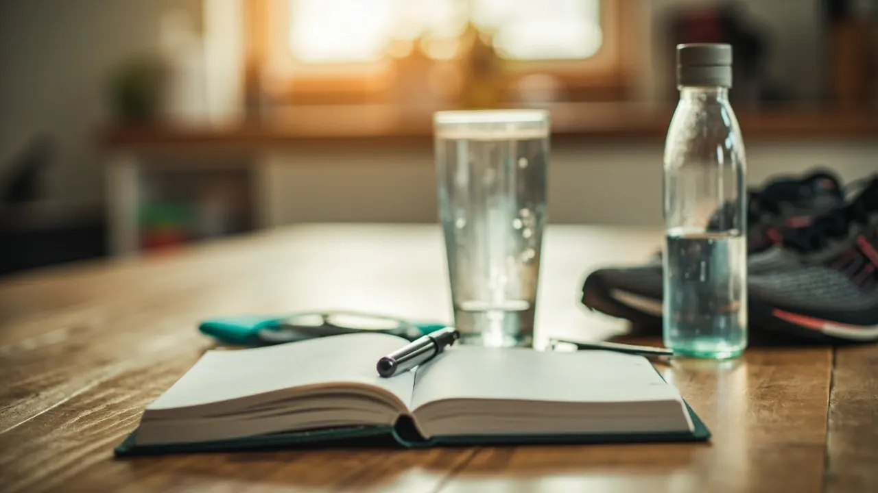 Cuaderno abierto con bolígrafo, botella de agua y zapatillas sobre una mesa de cocina con luz de mañana