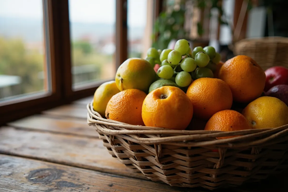 Cesta con frutas frescas sobre una mesa