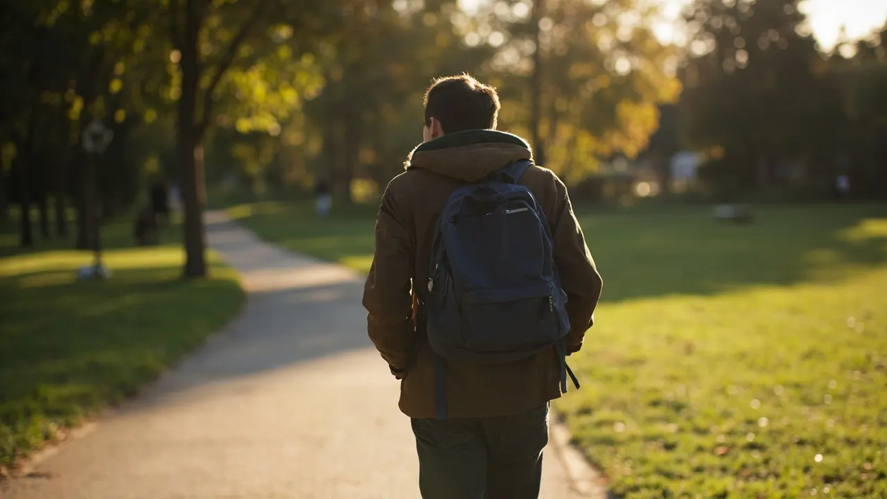 Persona caminando al aire libre por la mañana en un parque