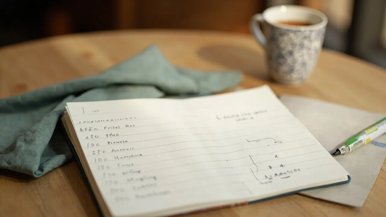 Cuaderno abierto con notas y un gráfico del ciclo menstrual junto a una taza de té, sobre una mesa de madera.