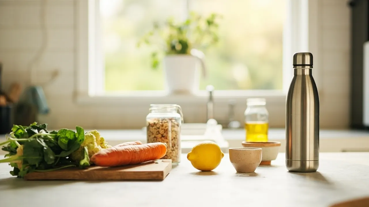 Mesa de cocina con verduras frescas, un tarro de cristal con cereales y una botella de acero inoxidable bajo luz natural de la mañana