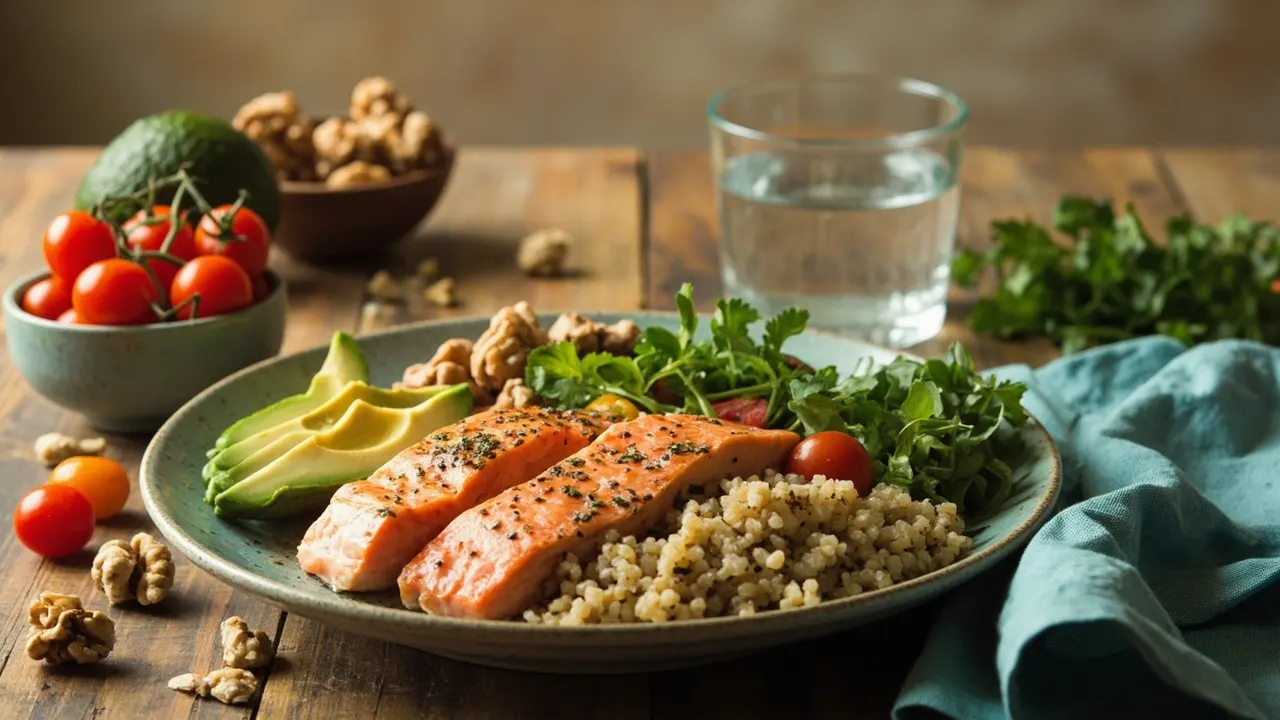 Comida saludable con salmón, quinoa, aguacate, tomates y nueces sobre una mesa de madera con un paño turquesa.
