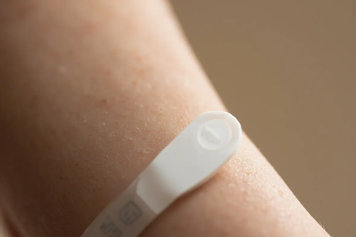 Sensor de glucosa en el brazo de una persona.