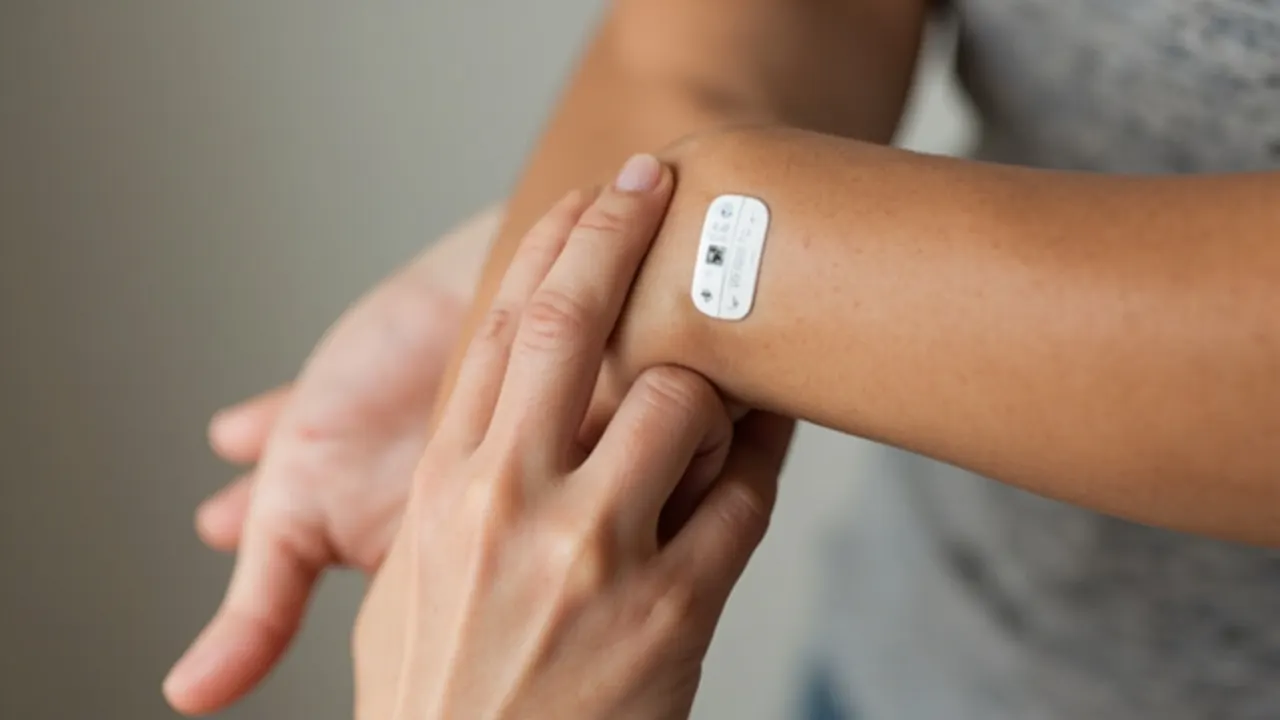 Sensor de glucosa continuo pegado al brazo de una persona con diabetes.