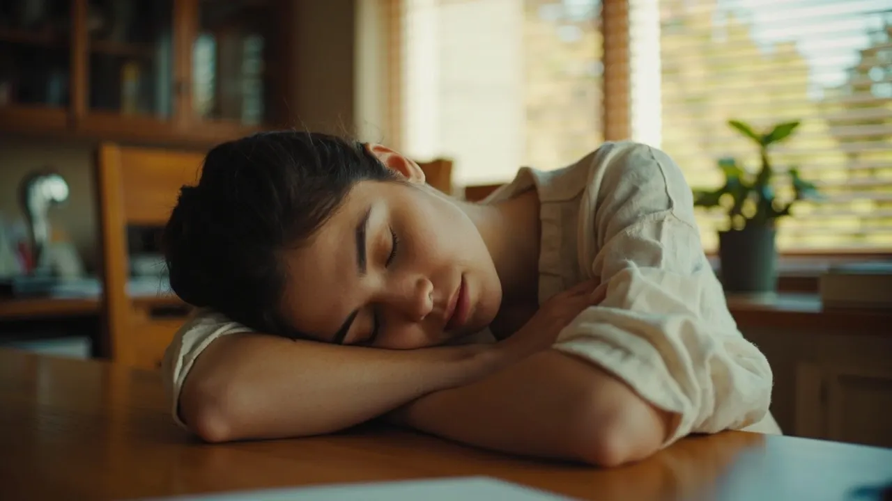Persona echando una siesta corta en una mesa con luz suave