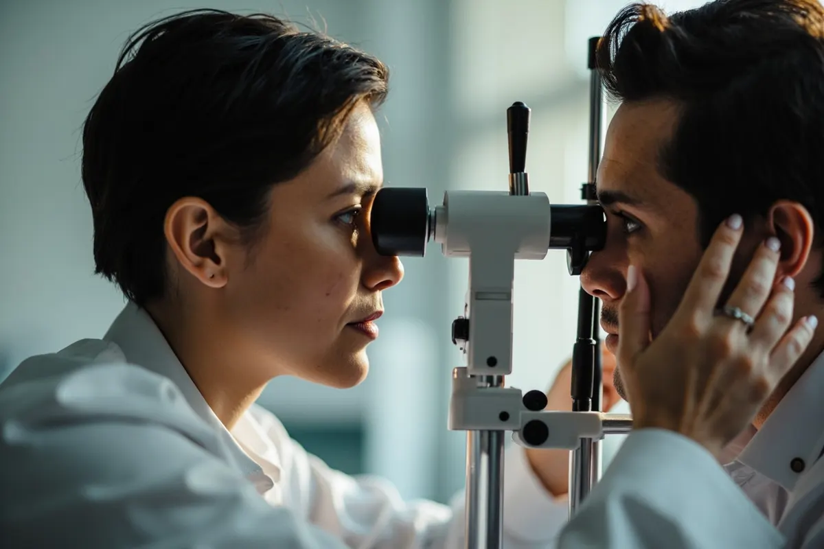 Oftalmólogo examinando el ojo de un paciente con una lámpara de hendidura
