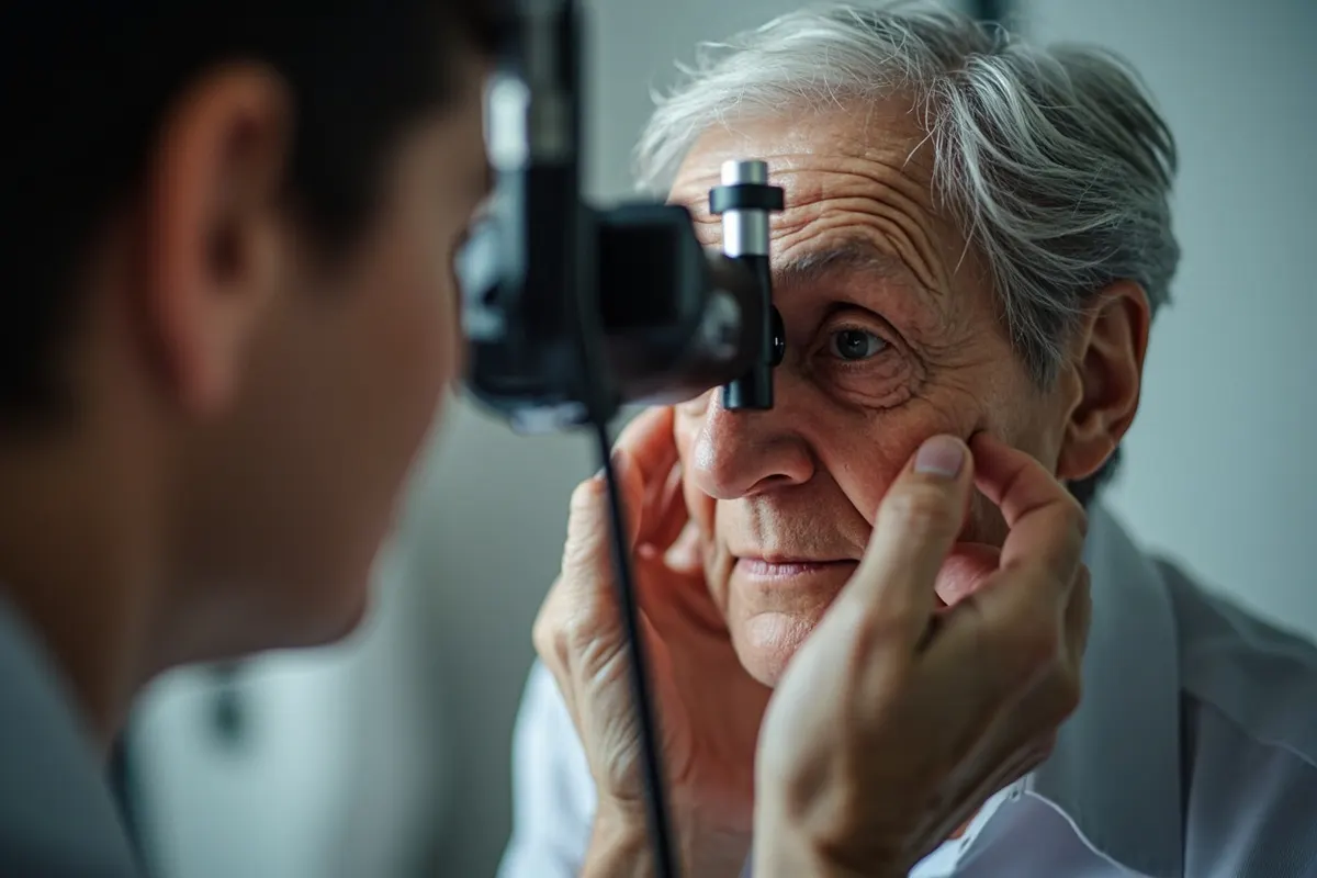 Oftalmólogo examinando la retina de una persona mayor con una lámpara de hendidura