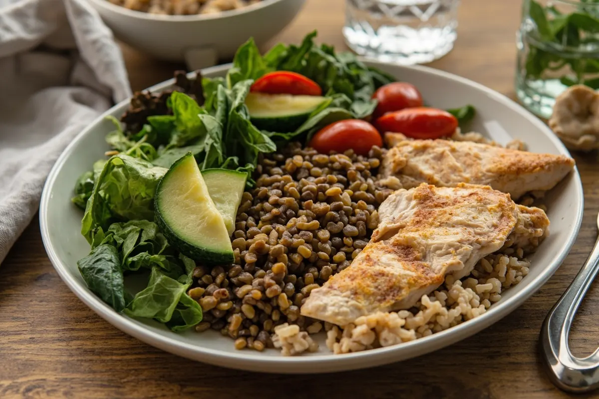 Plato equilibrado con verduras, legumbres y cereales integrales