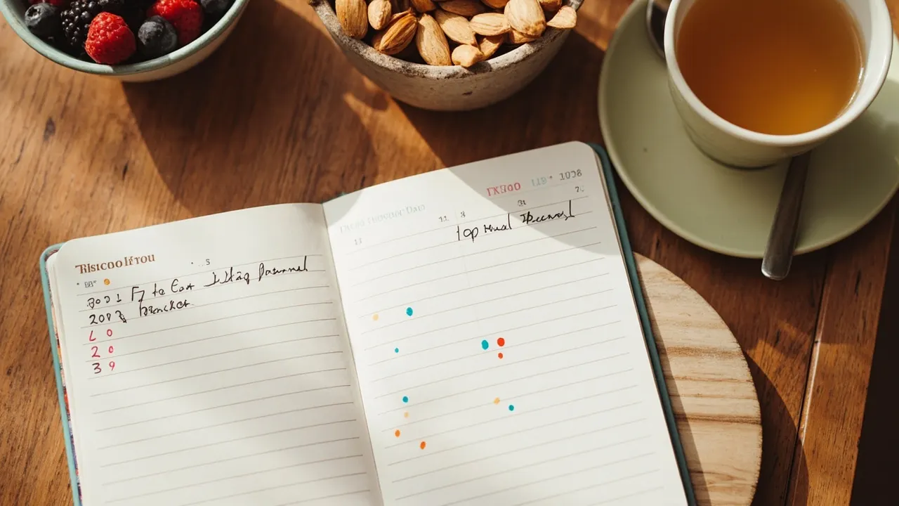 Cuaderno con notas y un calendario del ciclo menstrual junto a un cuenco de frutos rojos, almendras y una taza de té.