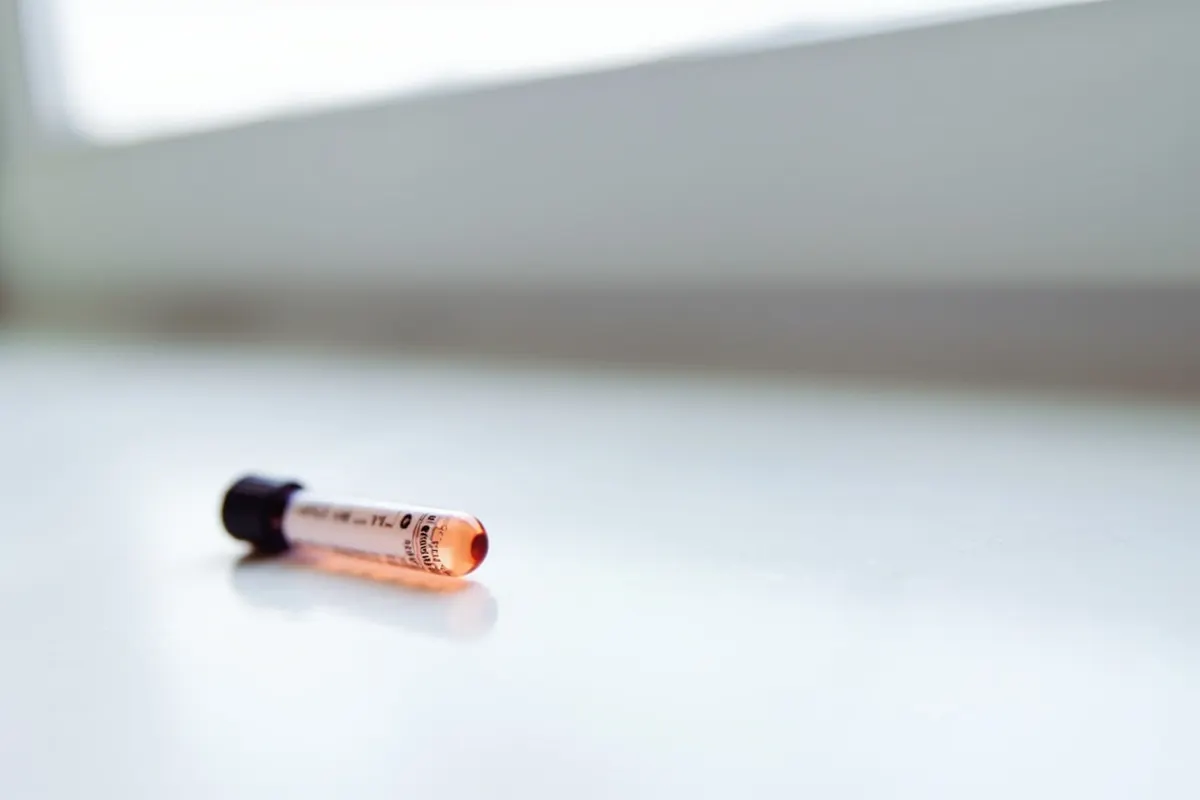 Tubo de análisis de sangre sobre una superficie blanca