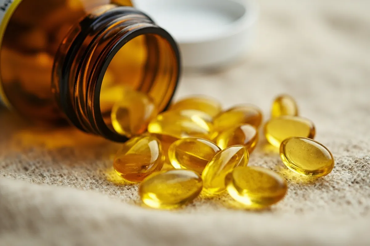 Cápsulas blandas amarillas de vitamina D3 saliendo de un frasco de cristal