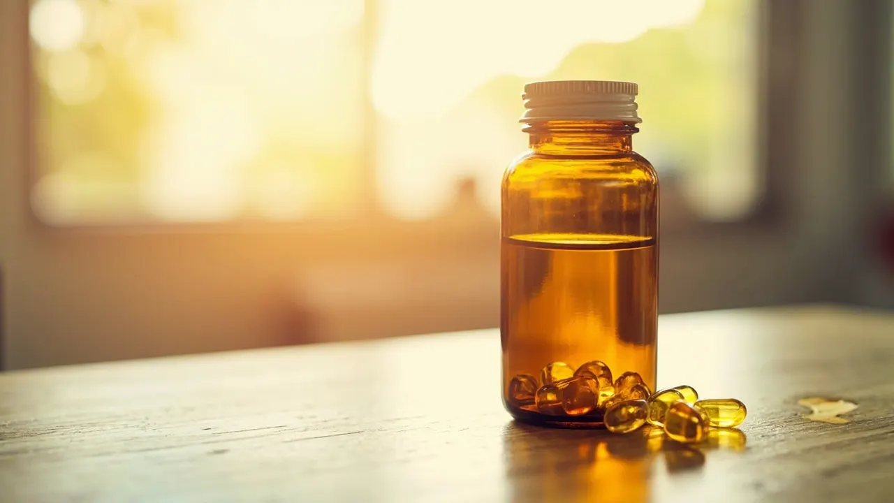 Frasco de cristal con cápsulas de vitamina D3 sobre una mesa de madera iluminada por luz natural