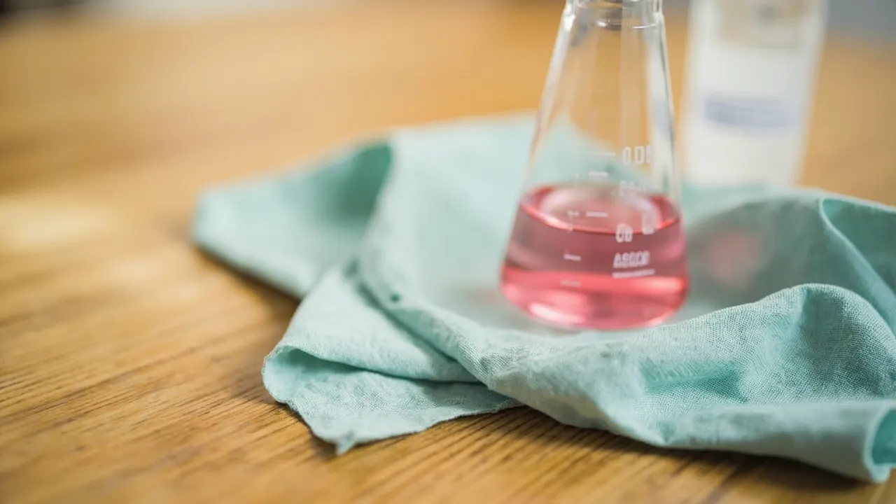 Matraz de cristal con un líquido rosado sobre una mesa de madera con un paño turquesa, simbolizando la fabricación del tratamiento CAR-T.