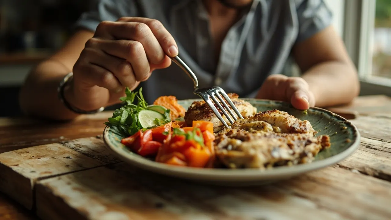 Persona anónima sentada ante una mesa con un plato de comida casera y colorida bajo luz natural