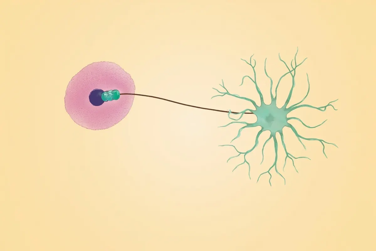 Esquema de una célula inmune cediendo mitocondrias a una neurona a través de puentes celulares