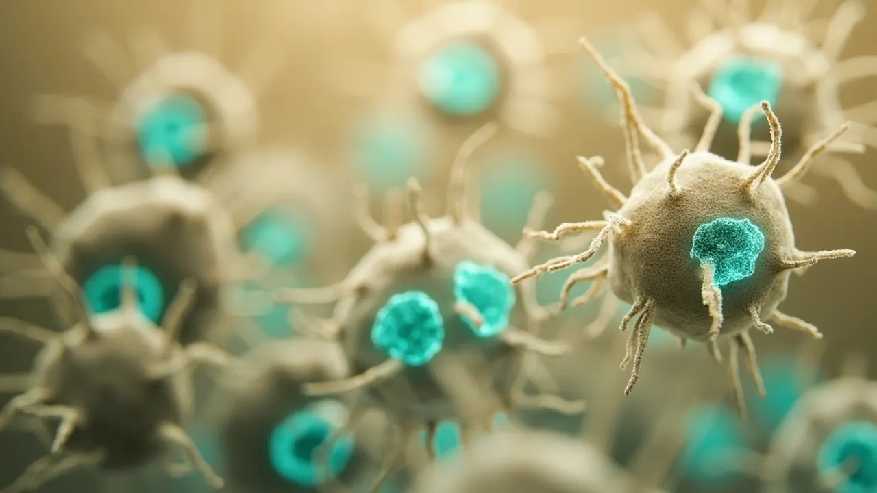 Ilustración científica de neuronas con mitocondrias en tonos teal, que sugiere la transferencia de energía celular