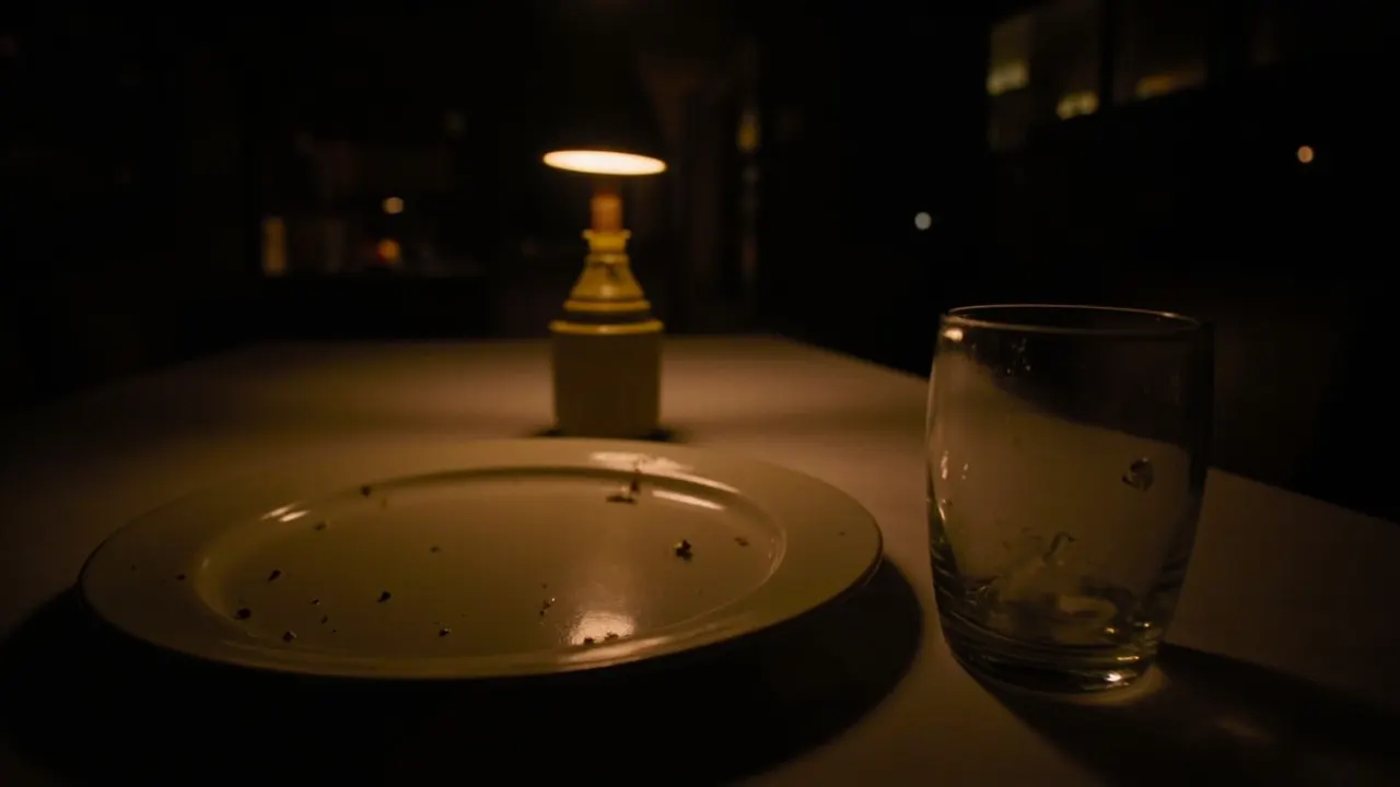 Mesa de comedor iluminada tenuemente por la noche con un plato vacío y migas