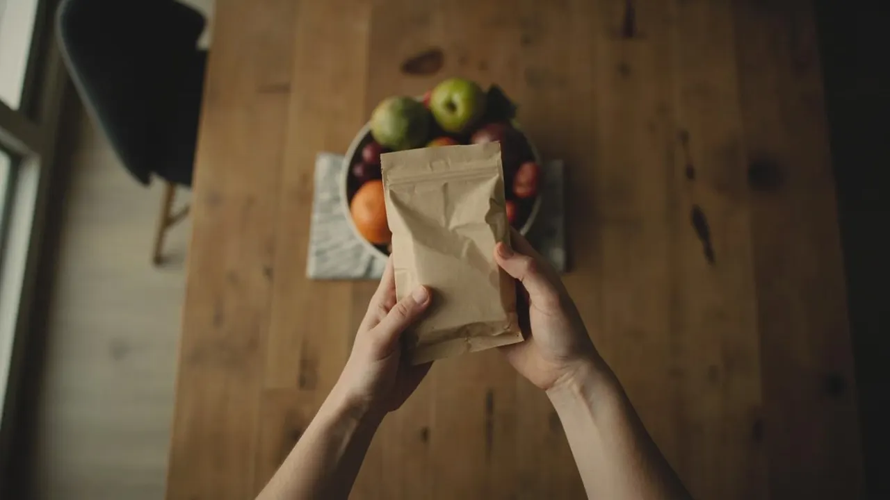 Mano sosteniendo un snack empaquetado frente a frutas y verduras frescas sobre mesa de madera.