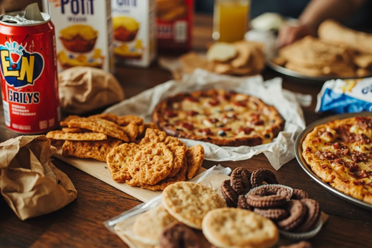 Variedad de alimentos ultraprocesados sobre una mesa