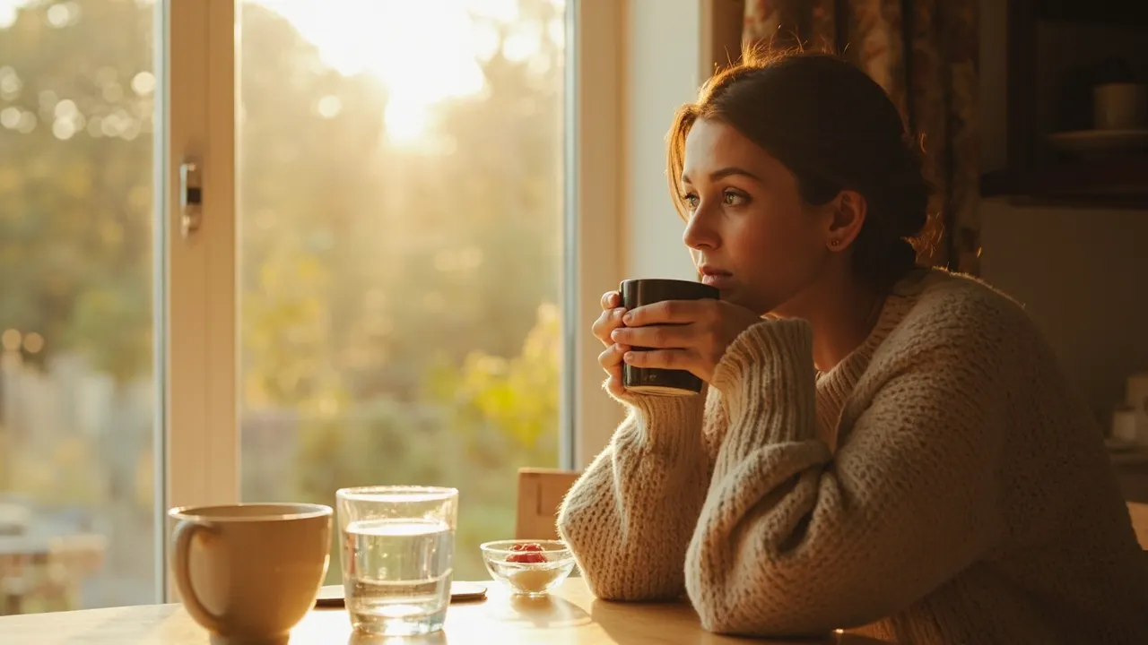 Mujer tranquila en su cocina durante el desayuno con luz natural de la mañana