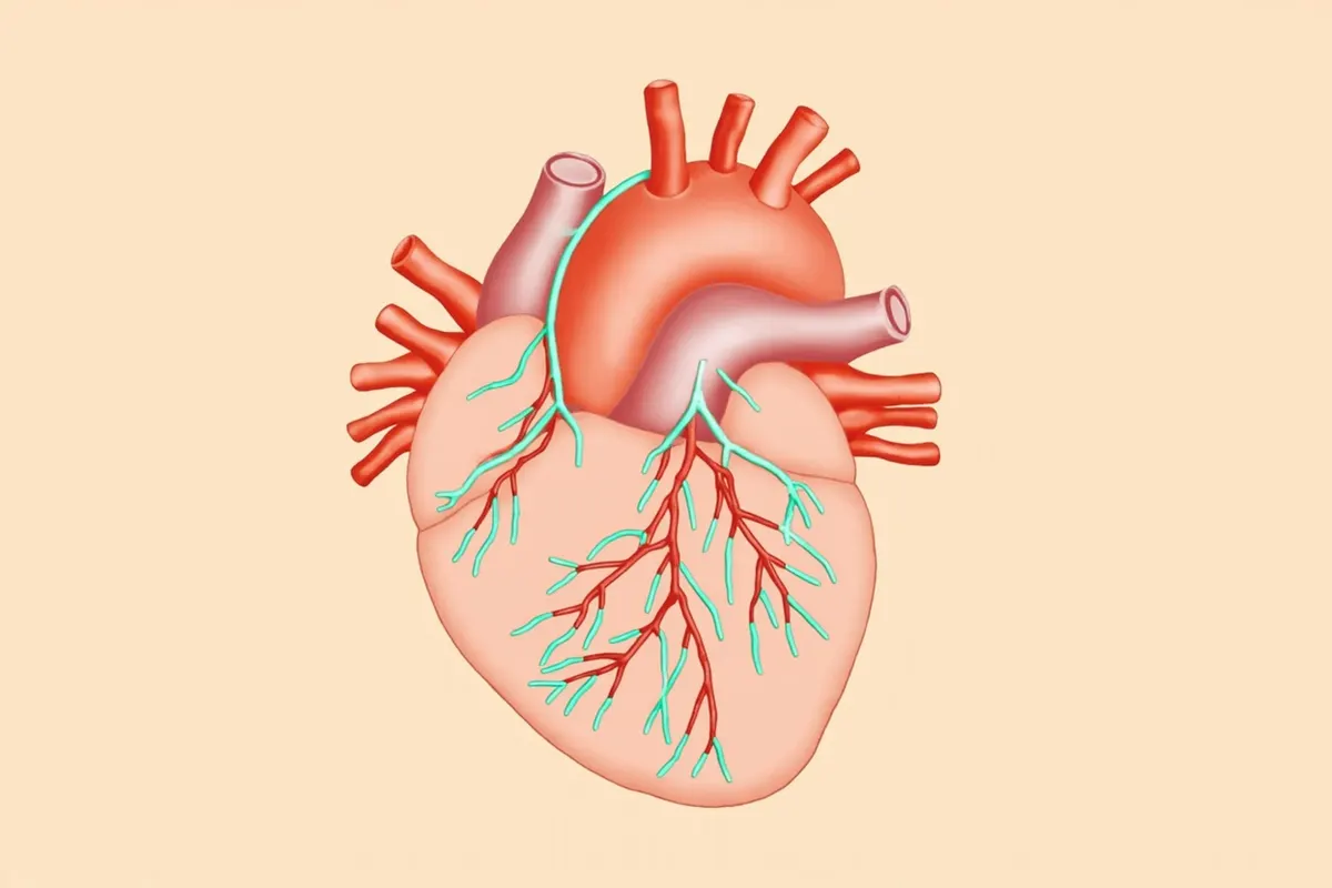 Ilustración de una red de vasos sanguíneos nuevos creciendo dentro del corazón, en tonos teal