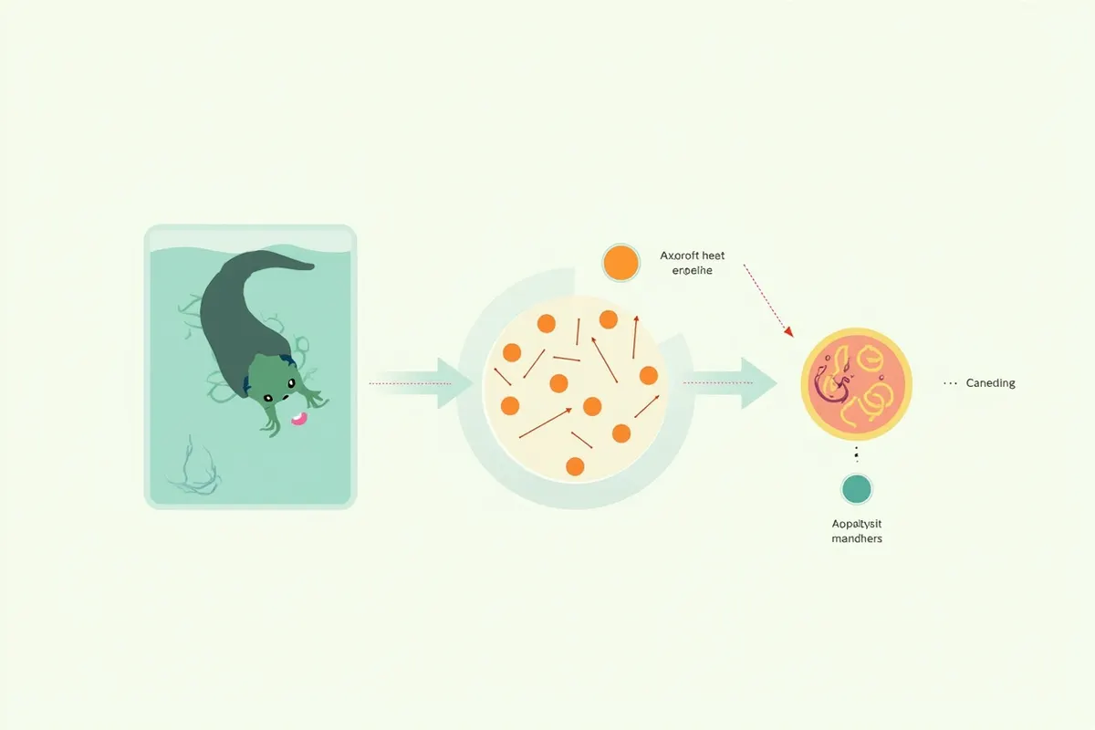 Esquema del estudio: cuatro péptidos del mucus del ajolote inhiben el MRSA y tres muestran actividad anticarcinogénica en células T-47D de cáncer de mama.
