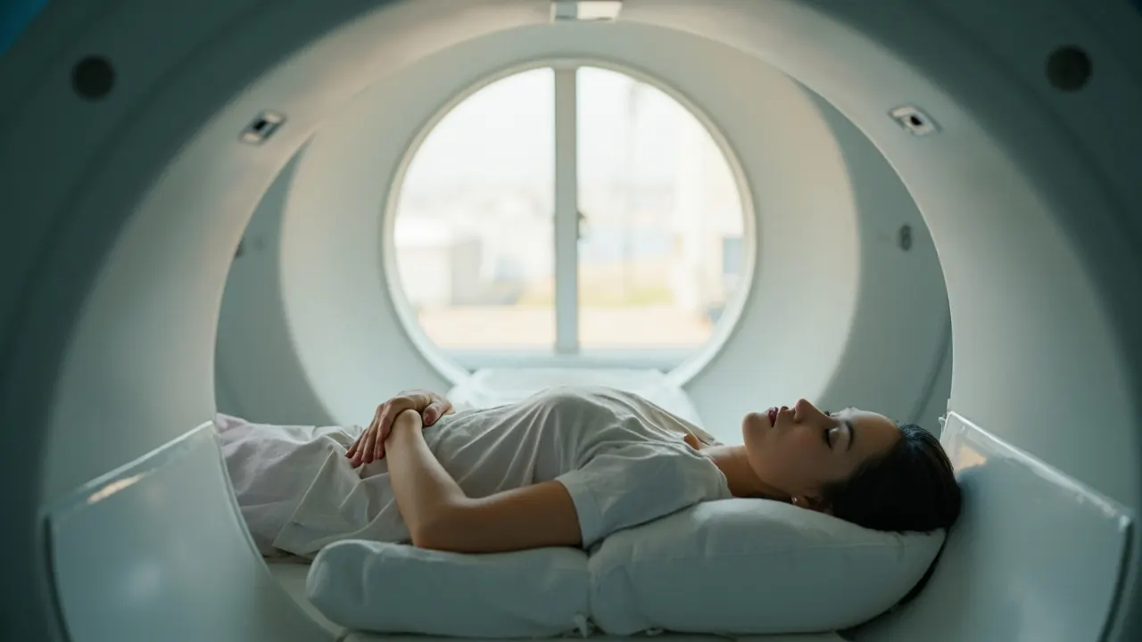 Persona anónima tumbada en un escáner de resonancia magnética con la mano sobre el abdomen