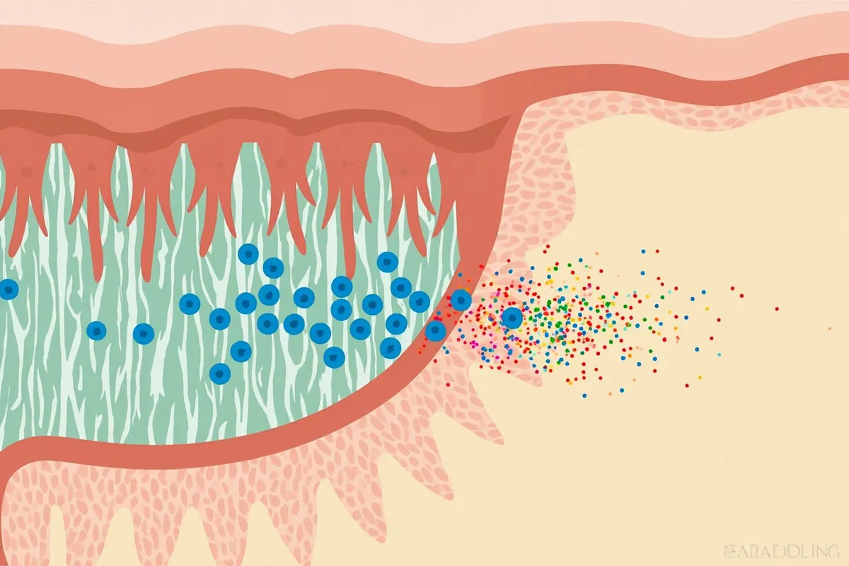 Ilustración del intestino delgado con bacterias lácticas atrapando nanoplásticos en la luz intestinal.