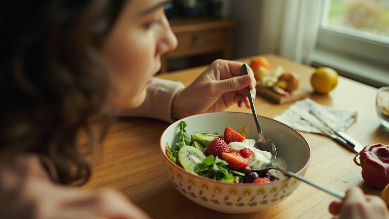 Mujer anónima ante una mesa con un colorido bol de alimentos saludables bajo luz natural de mañana.