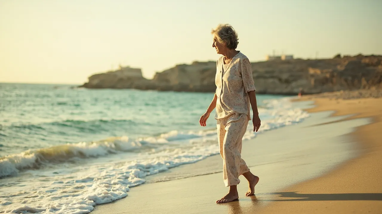 Mujer mayor camina descalza por la orilla de una tranquila playa mediterránea al amanecer
