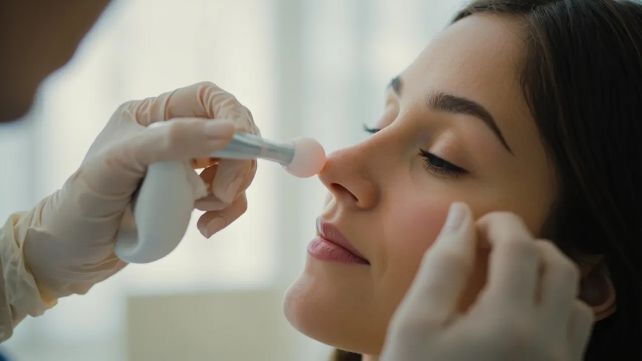 Dermatólogo examina la piel del rostro de una paciente con un pequeño escáner óptico.