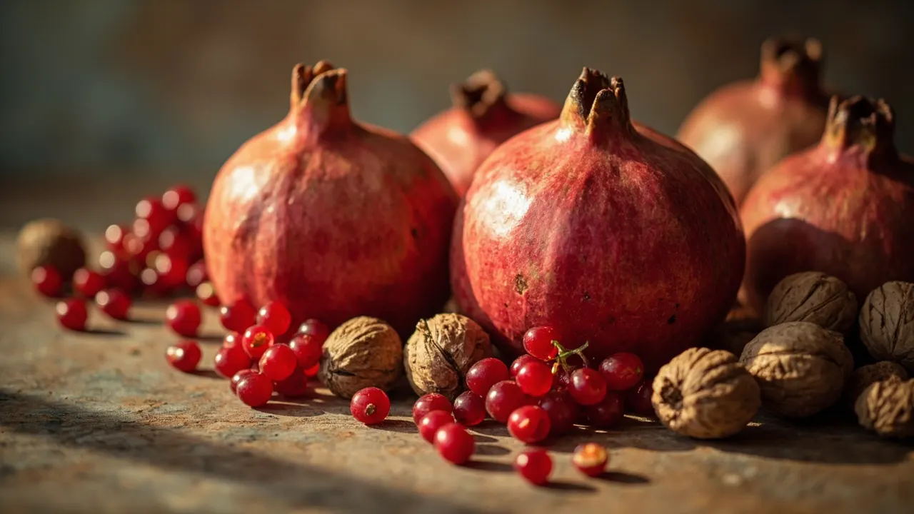 Granadas, nueces y frutos rojos sobre una mesa de madera