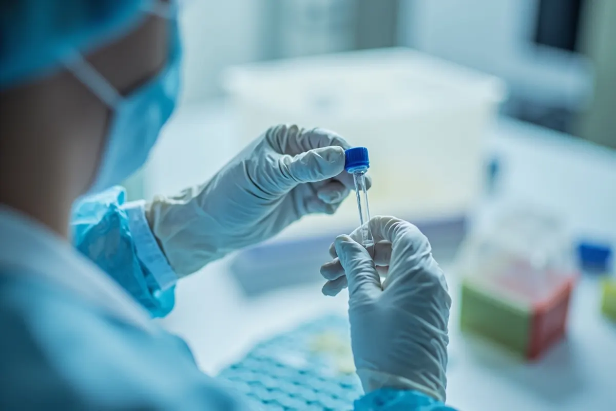 Investigadora con guantes trabajando con viales en un laboratorio de inmunología