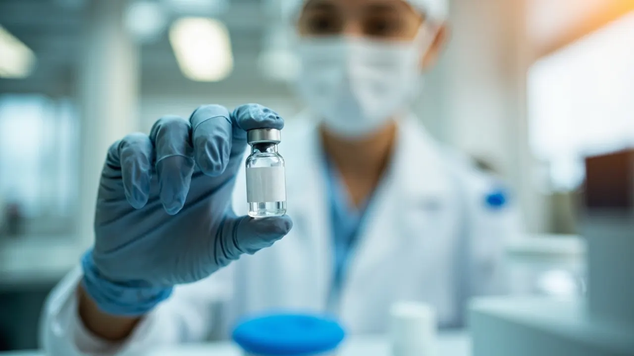 Vial de una vacuna personalizada contra el melanoma sostenido por una investigadora con guantes