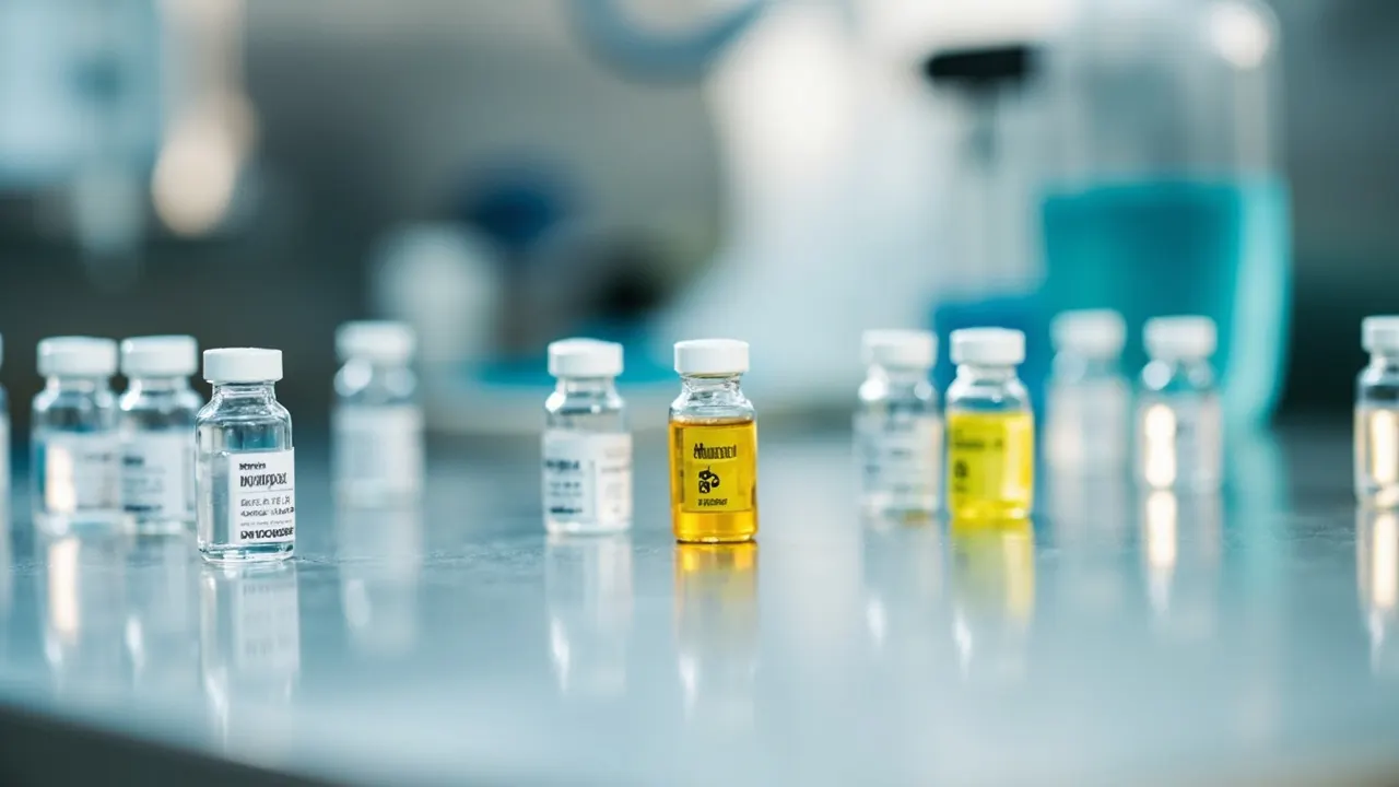 Viales de laboratorio con vacunas experimentales de ARNm contra el cáncer