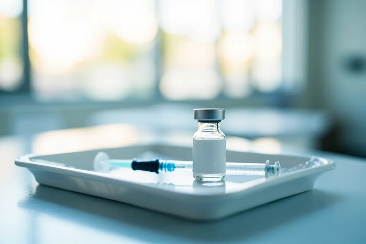 Vial y jeringa de una vacuna infantil sobre una bandeja médica