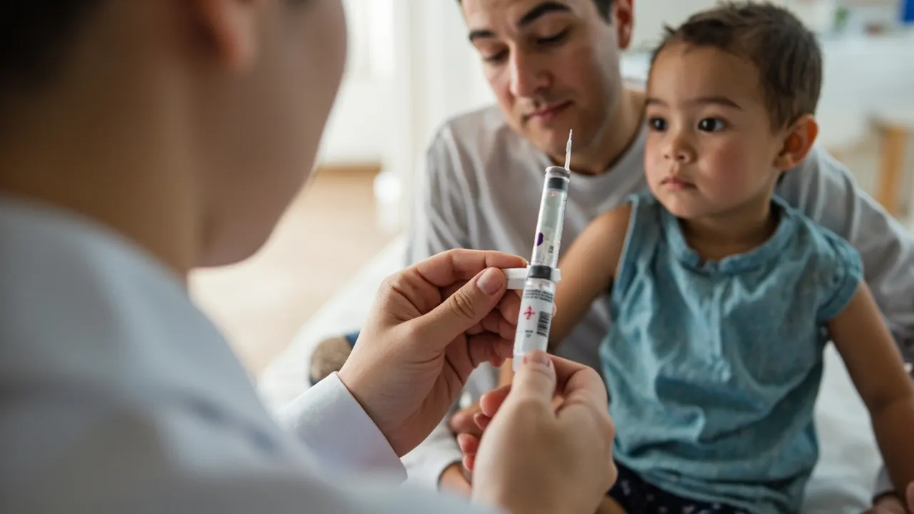 Profesional sanitaria con una jeringa y un vial de vacuna ante un niño pequeño en una consulta pediátrica