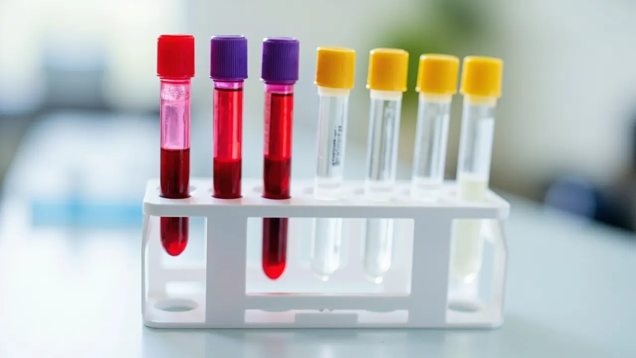 Tubos de analítica de sangre con tapas de colores en una gradilla de laboratorio