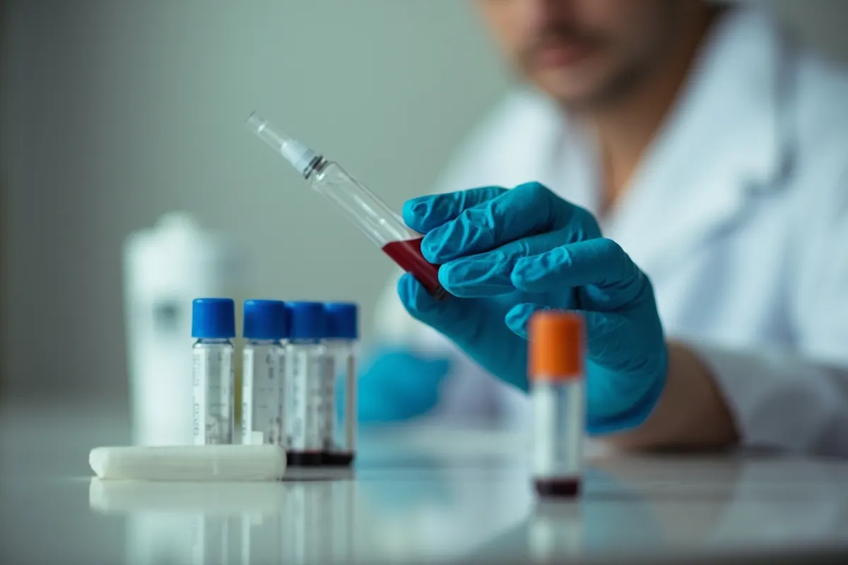 Vial con muestra de sangre listo para una prueba de VIH