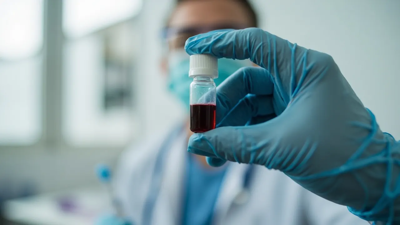 Vial de sangre preparado para una prueba de VIH en un laboratorio clínico