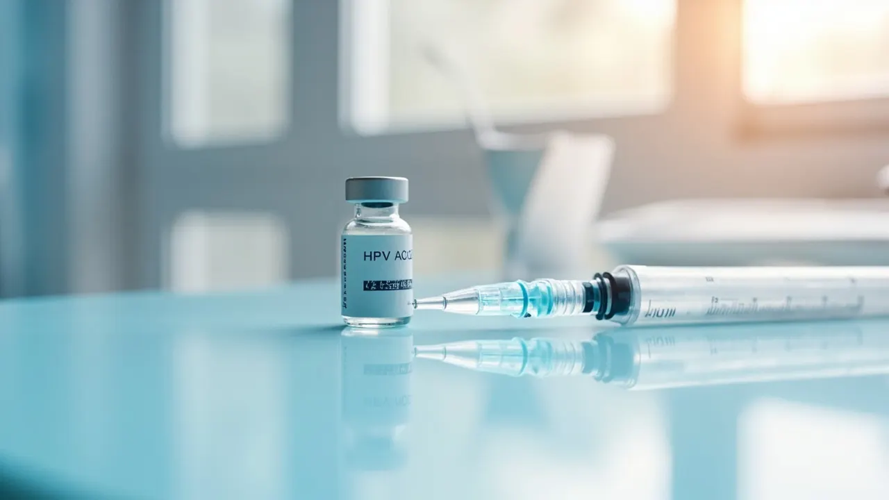 Vial de la vacuna contra el virus del papiloma humano sobre una superficie médica limpia
