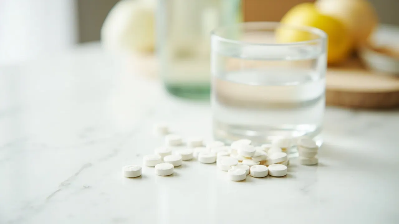 Pastillas de vitamina C junto a un vaso de agua sobre una superficie blanca