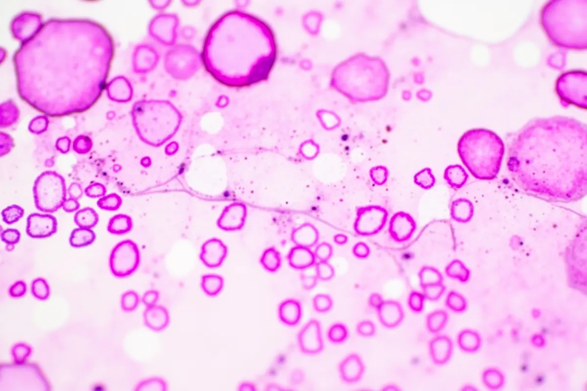Composición abstracta de una muestra de sangre teñida en tonos rosados, vista al microscopio.