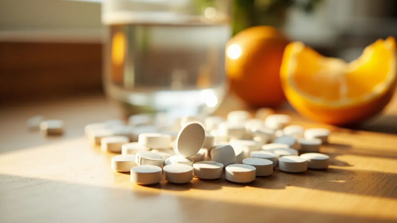 Comprimidos redondos de vitamina C sobre una mesa de madera con una naranja y un vaso de agua al fondo.