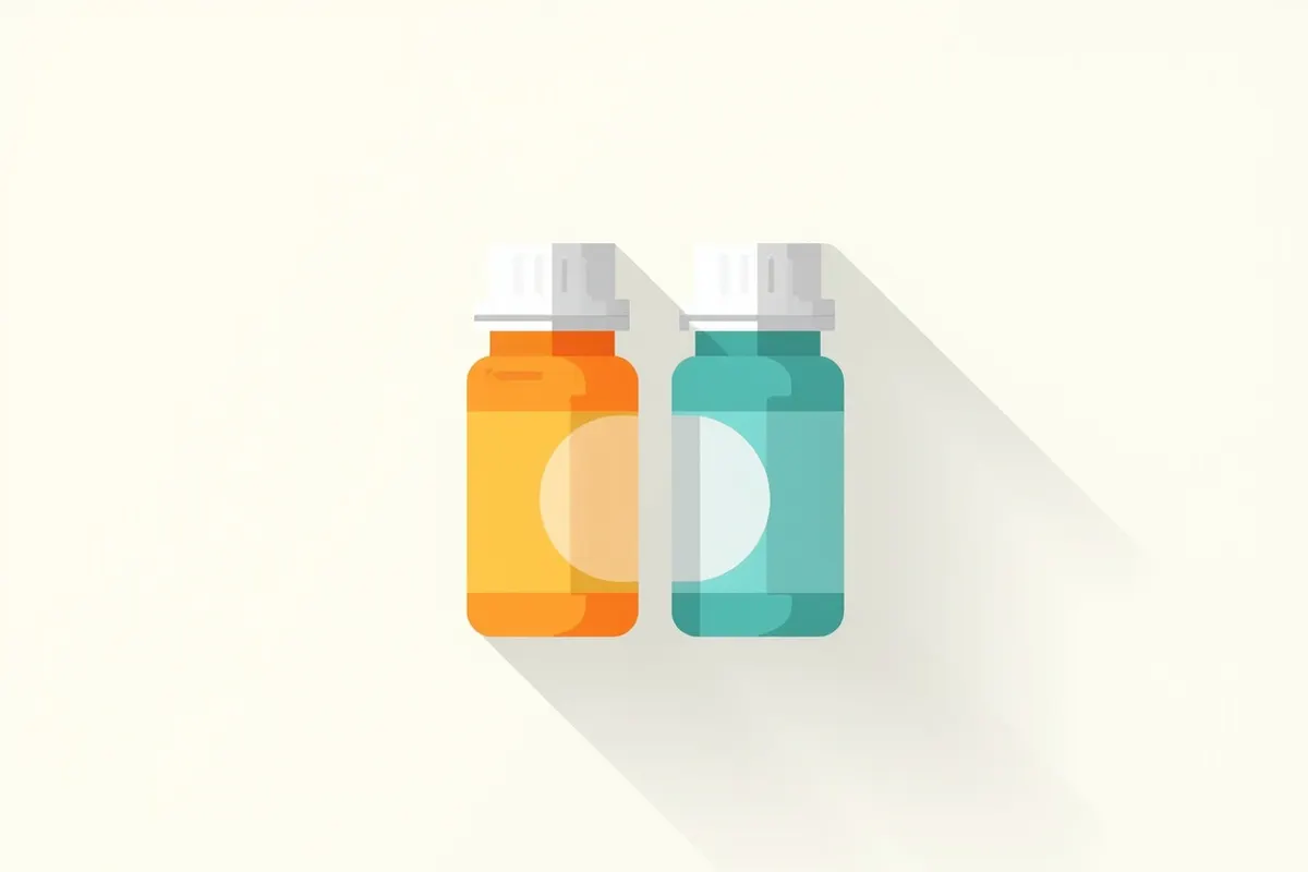 Ilustración minimalista con dos frascos lado a lado, uno con vitamina C en dosis alta y otro con placebo, que representa los dos grupos del ensayo EVITA.