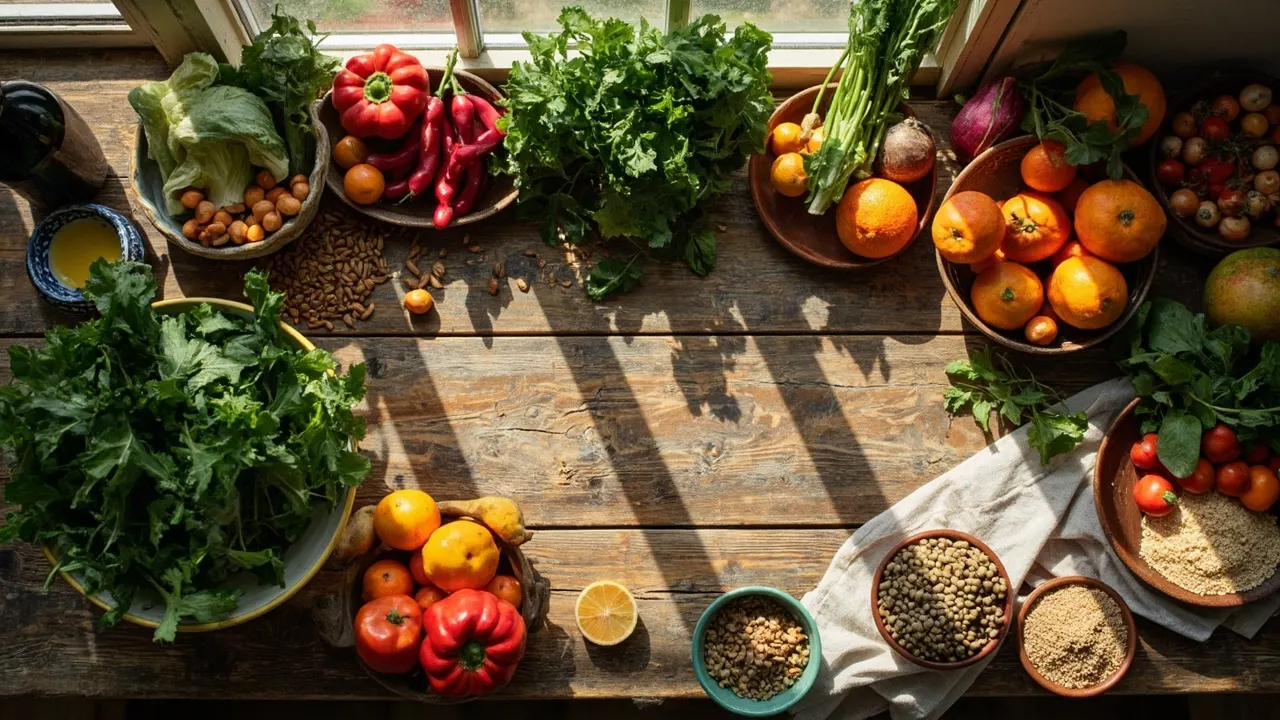 Encimera de cocina con verduras frescas, frutas, frutos secos y cereales bajo luz natural.